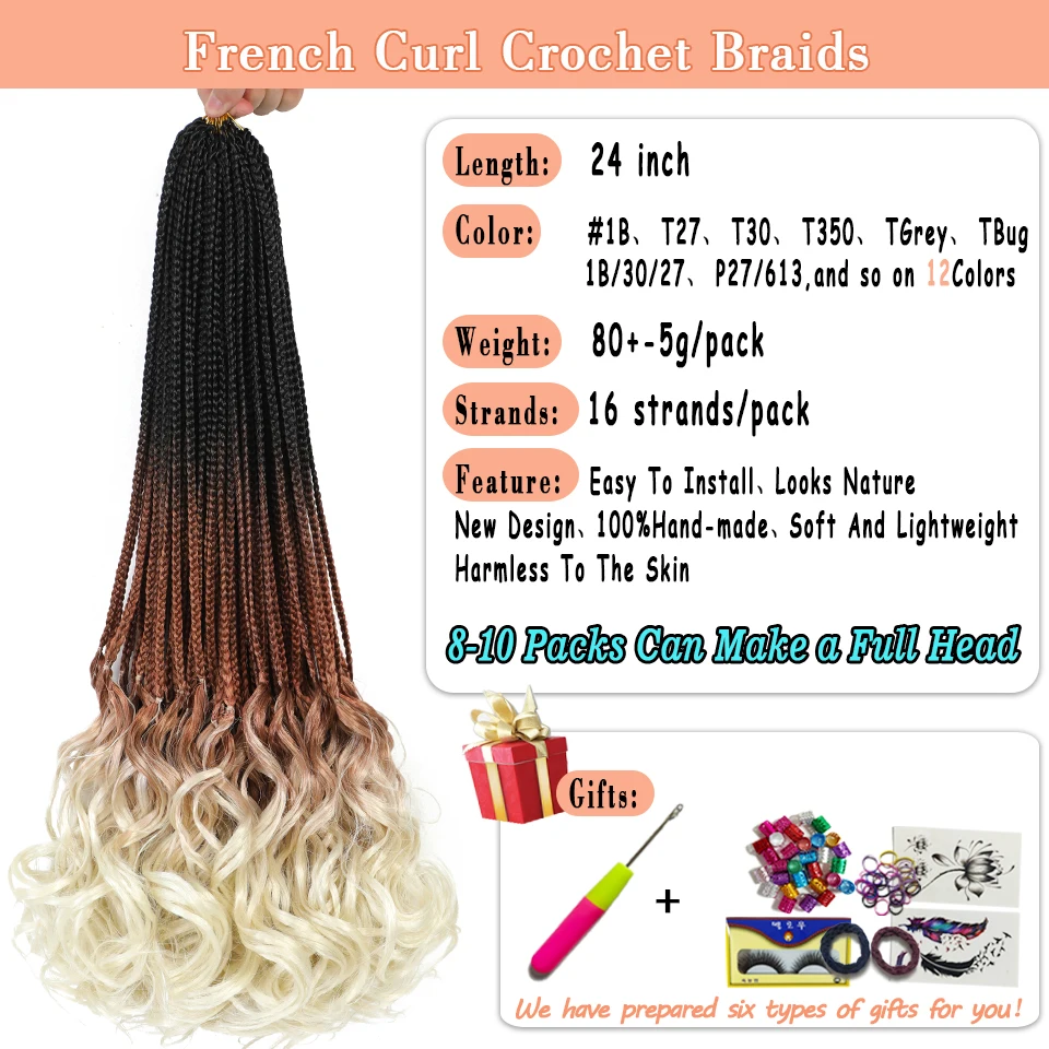French Curly Box Braids Crochet Hair 24 Inch Synthetic Loose Wave Spiral Curly Crochet Hair Pre Looped French Curl Braiding