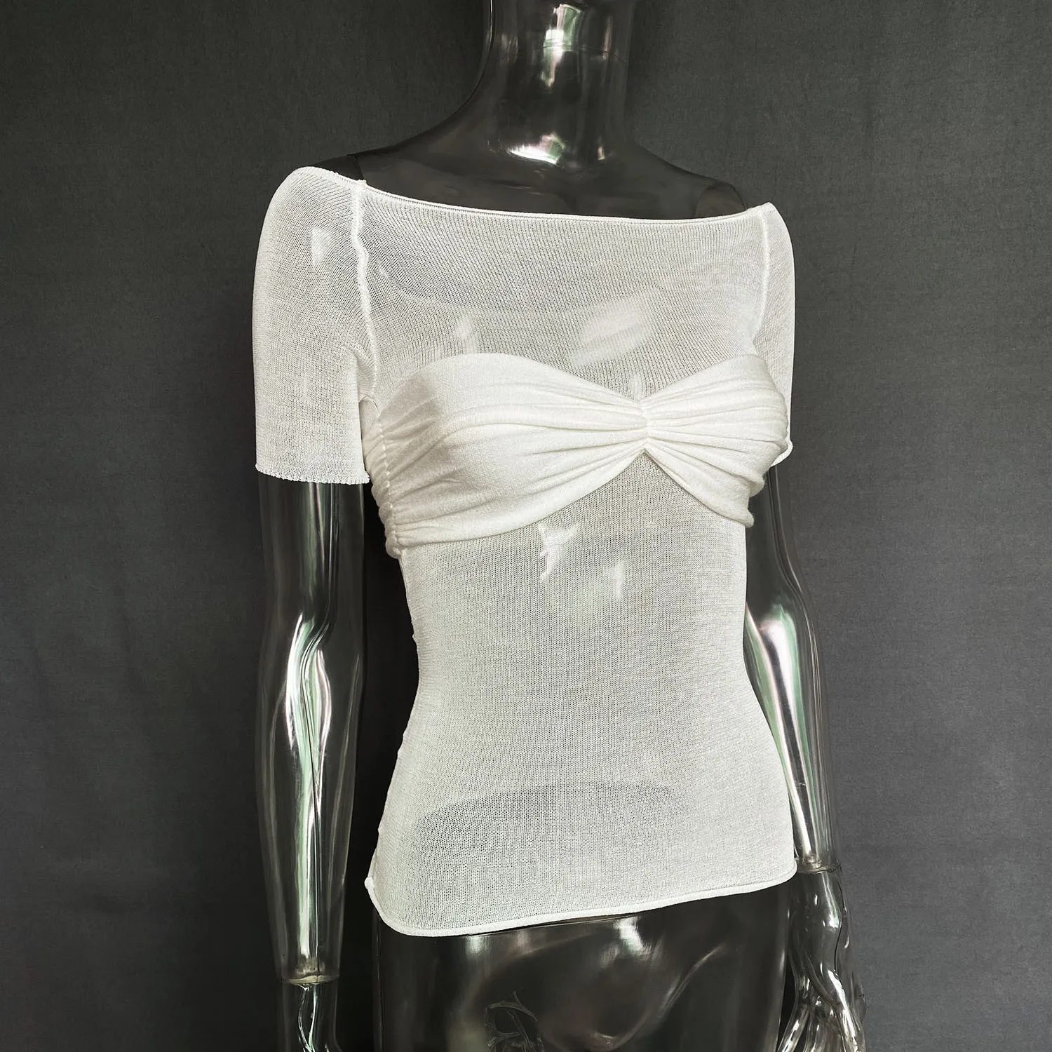 Short Sleeve Mesh Top Shirt For Women Off-Shoulder See-Through Knit Sexy Pullover Summer Sheer New 2025 Ladies T-shirt