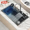 Stainless Steels  Steel Waterfall Kitchen Sink Digital Display Embossed Large Single Slot  Multifunctional  кухонная мойка 1