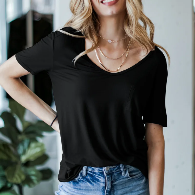 

Футболка женская с коротким рукавом, модный Повседневный хлопковый дышащий Удобный пуловер с U-образным вырезом, однотонный топ, на лето