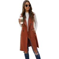 Women's Double Breasted Long Vest Jacket Casual Sleeveless Pocket Outerwear Longline Brown