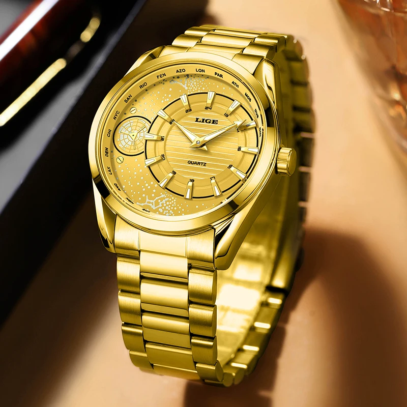 LIGE New Gold Globe Big Dial Watch Men Fashion Luminous Sports Men's Watches Waterproof Stainless Steel Quartz Chronograph Male