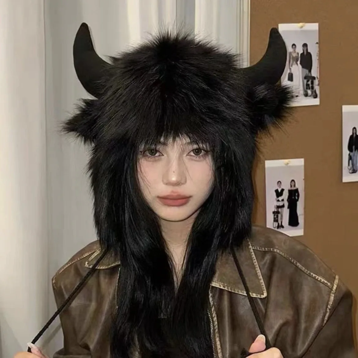 Winter Hats Big Black Bull Horn for Men Women Ear Protection Windproof Russian Ski Faux Fur