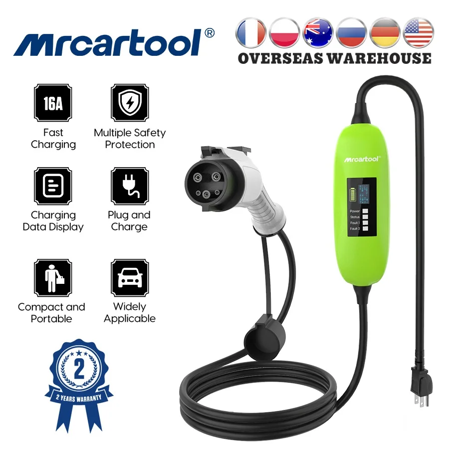 

MR CARTOOL S300 Portable EV Charger Type 2 Djustable Electric Vehicle Charger Type 1 Plug 16A 5M Connector For Electric Car