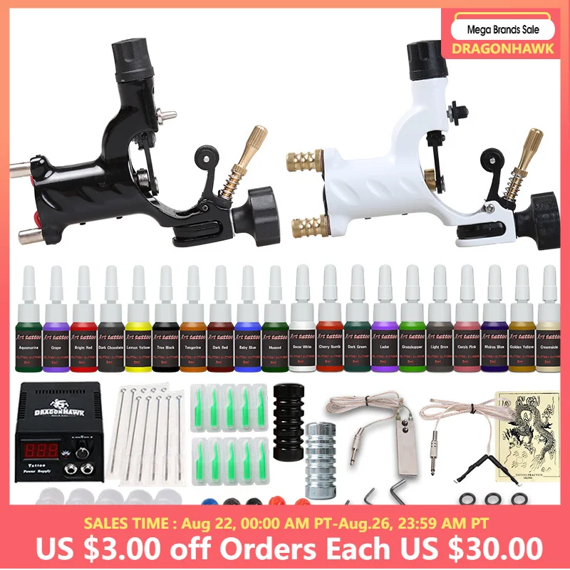 Beginner Tattoo Starter Kits 2 Rotary Tattoo Machines Guns Sets Power