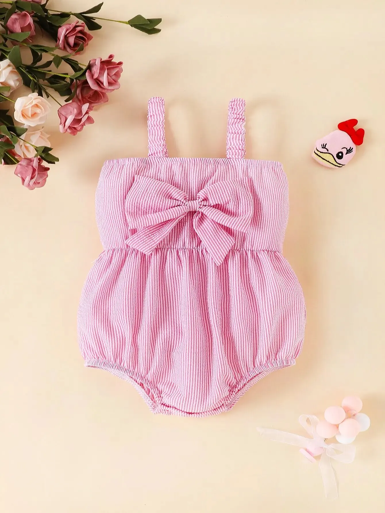 Baby Jumpsuit Summer Baby Girl Sweet Casual Halter Onesie Pink Stripe Pink Bow Travel Vacation Comfort Onesie