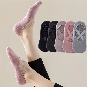 5 Pairs of Women's Non-Slip Yoga Socks for Dance Pilates Gym, Breathable Cotton No-Show Socks with Silicone Grip, Indoor Workout