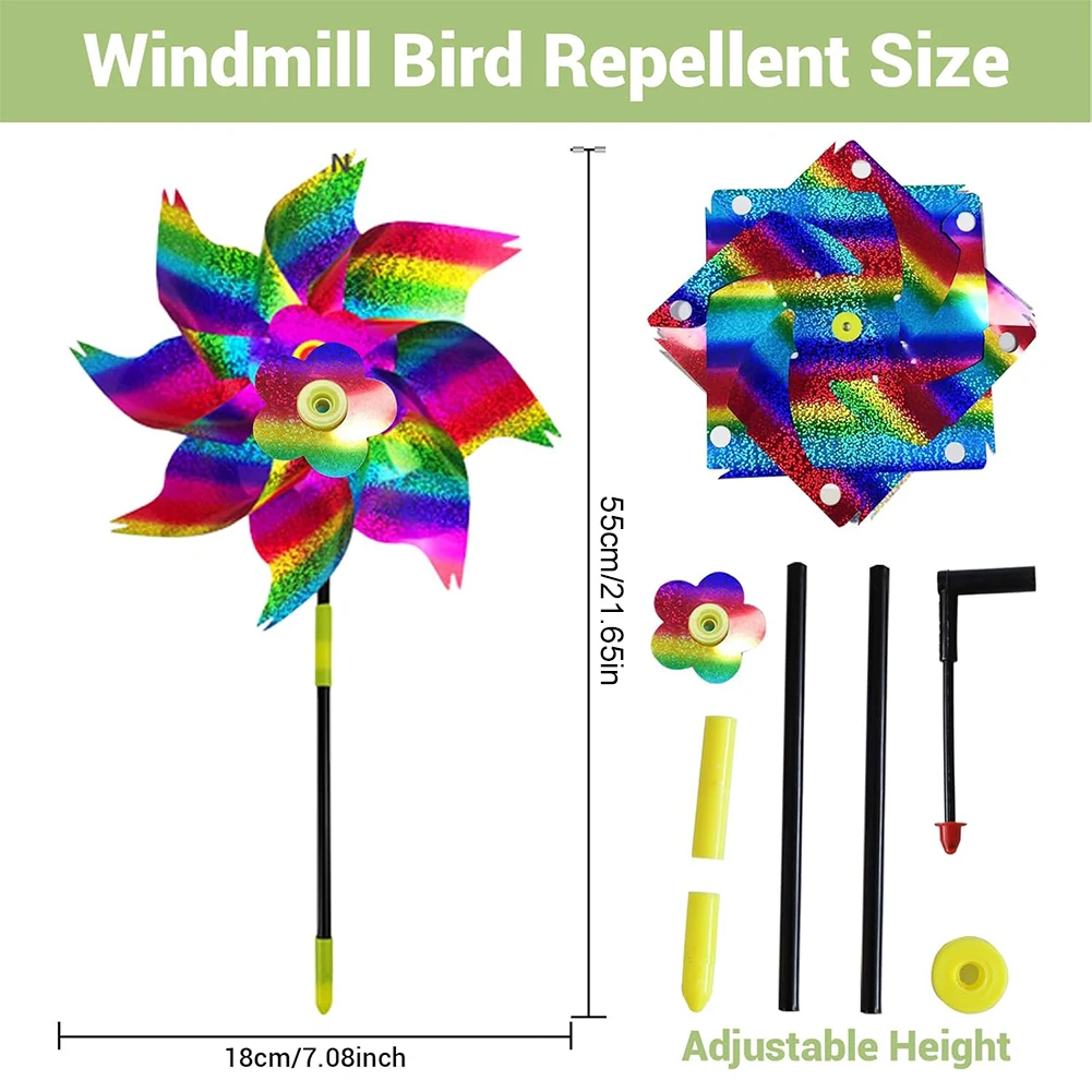 10Pcs Reflective Pinwheels Design Bird Repellener with Stakes Sparkly Windmill Bird Deterrent Devices Home Garden Decorative