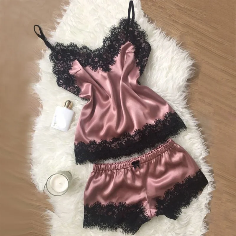 Women's Sleepwear Silk Sexy Satin Pajama Set Black Lace V Neck Pyjamas