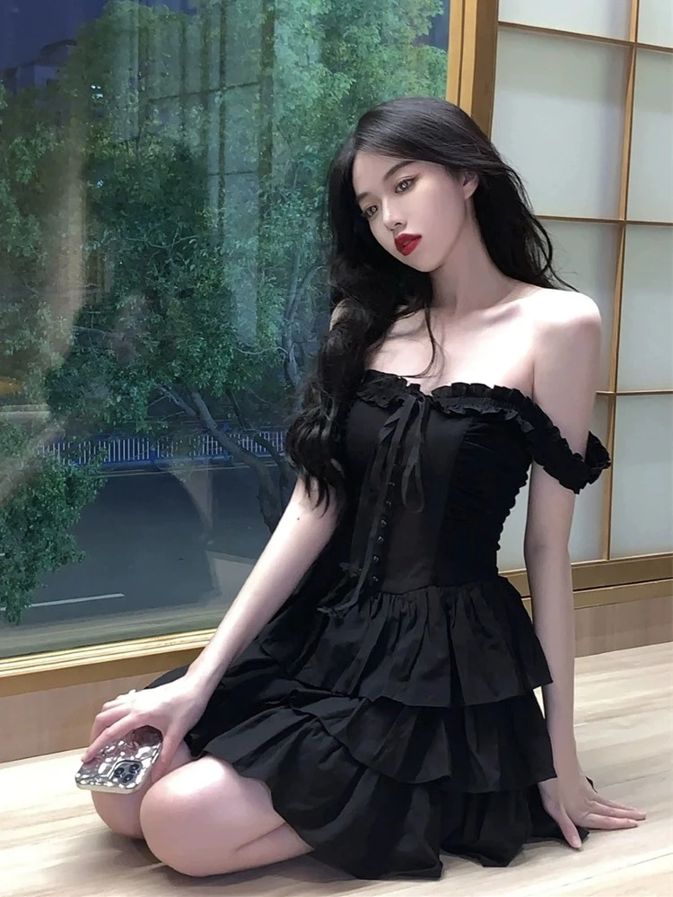 여성용 프렌치 블랙 우아한 홀리데이 파티 붕대 케이크 주름 미니 원피스, 백리스 섹시 클럽 민소매 프릴 슬립 원피스, 여름