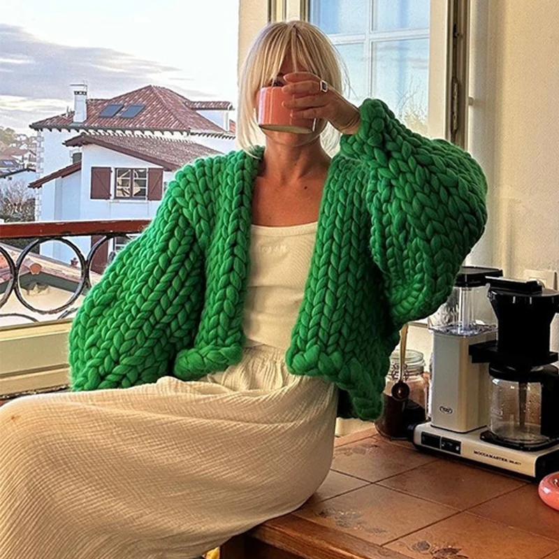 Elegant Coarse twisted Women's Knitted Cardigans V-Neck Lantern sleeve Casual Short Outwear Fashion High Street Tops For Women 4