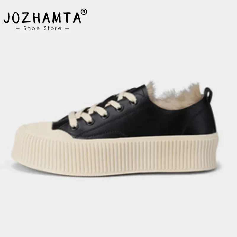 Size 35-40 Women Sneakers Real Leather Winter Warm Fur Platform Shoes For Women Lace-Up Plush Thick Sole Skateboard women shoes