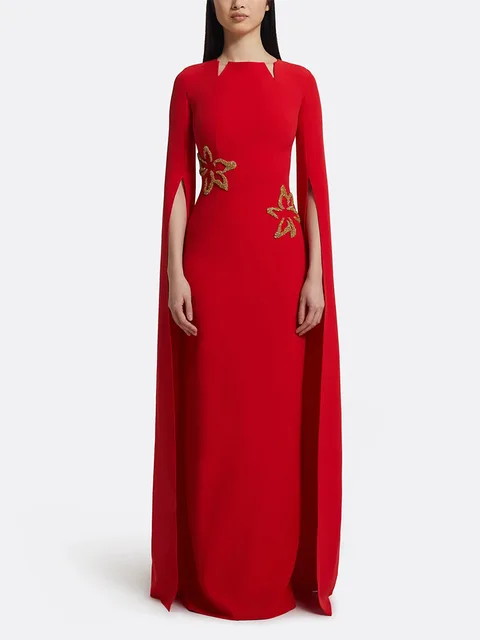 HIGH STREET Newest 2026 Designer Vestido Women's Diamonds Beaded  Cape Sleeve Floor Length Maxi Long Dress