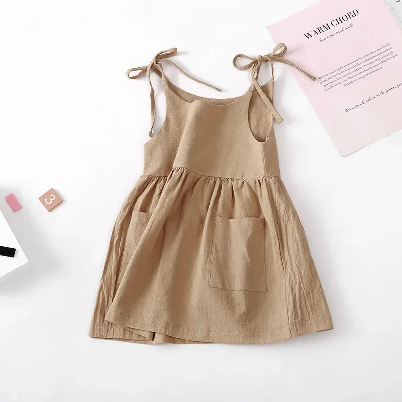 Robe d'été en fibre de coton pour petite fille, couleur unie, à la mode