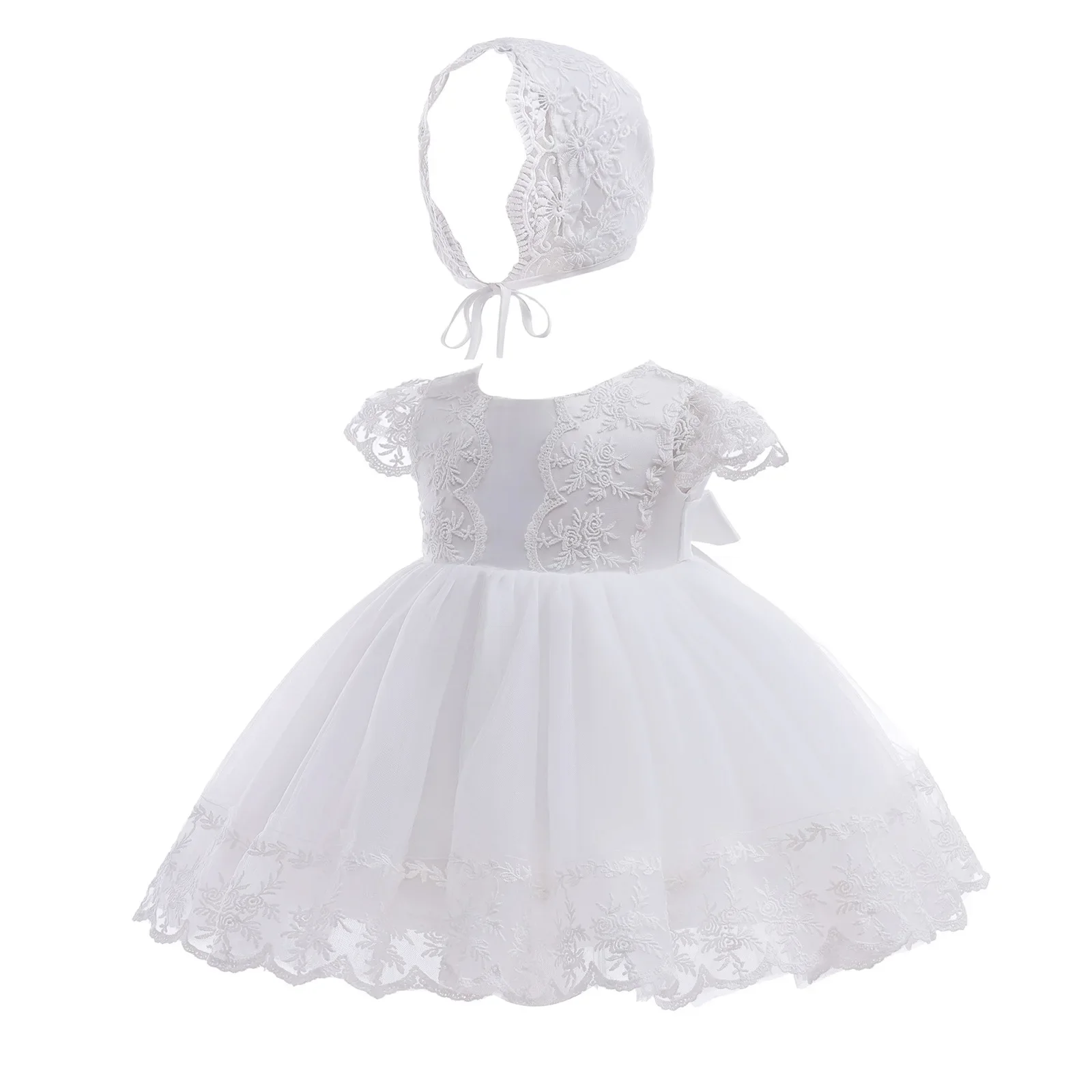 

New Baby Girl Dress with Hat White Lace Christening Baptism Gown Infant 1 Year Birthday Princess Outfit for Formal 0-24M