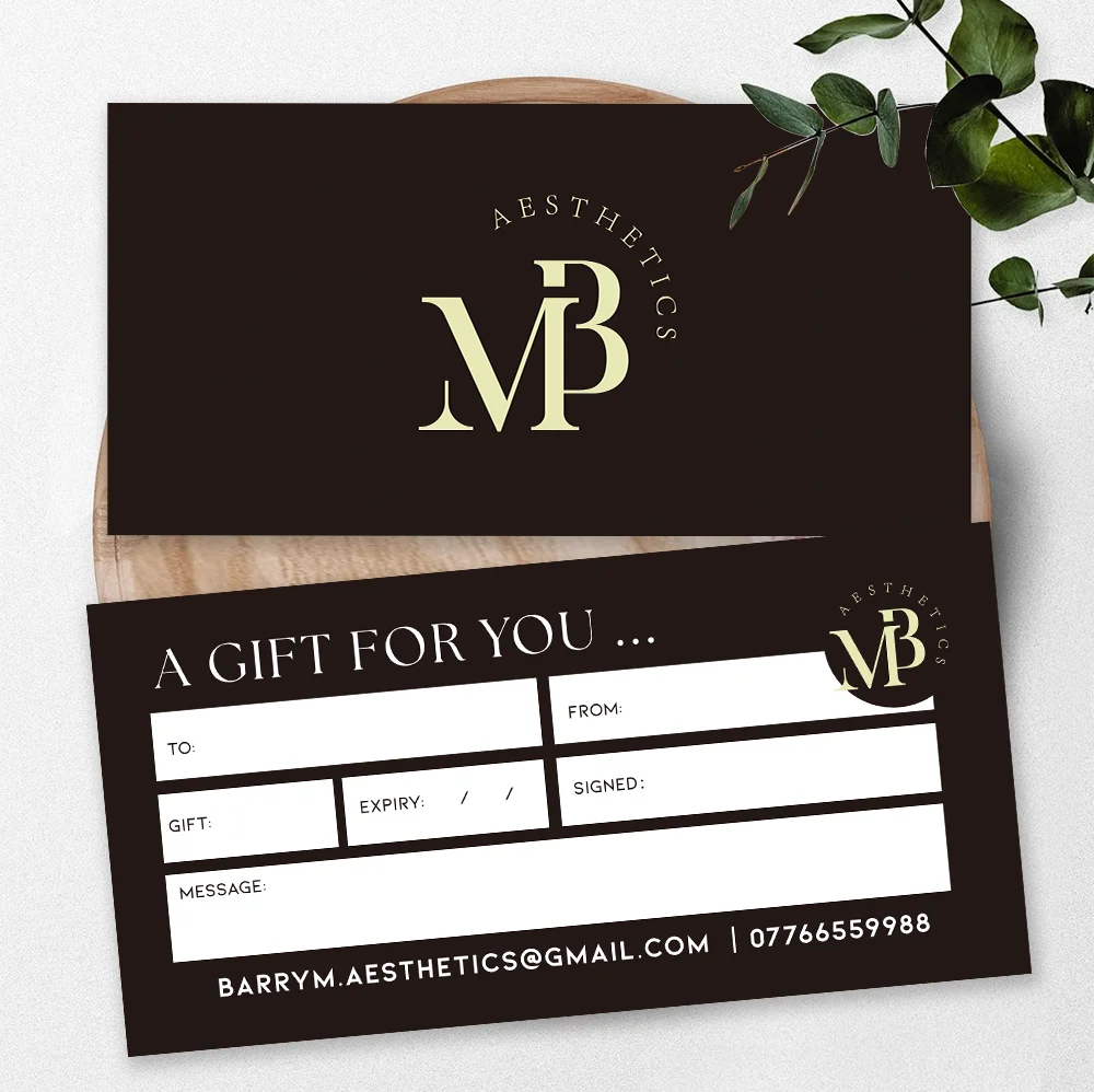 Custom Branded Gift Vouchers for beauty businesses training academies Nails Lashes Hair Salons  Aesthetics with LOGO Thank you