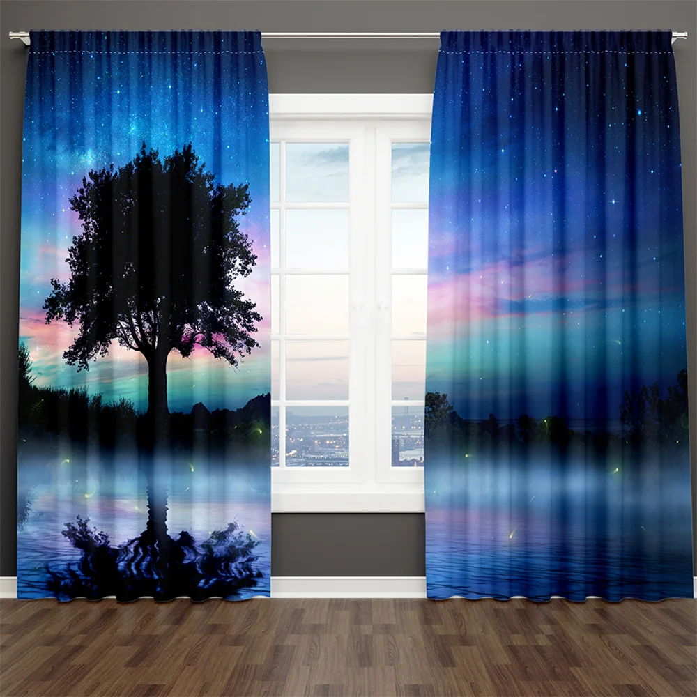 

3D Print Blue Black Starry Sky Series Milky Way Child 2 Pieces Shading Window Curtain For Living Room Bedroom Decor Rod Pocket