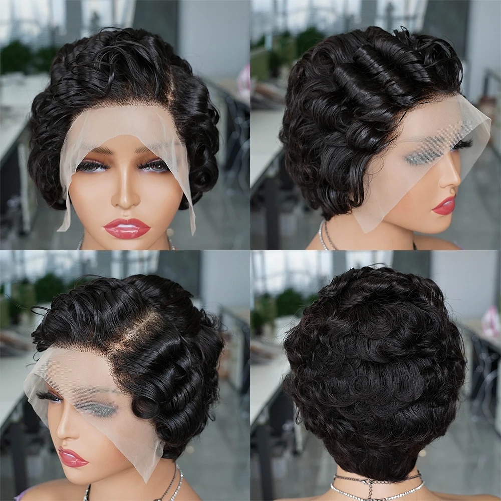 Pixie Cut Wig Short Curly Lace Front Human Hair Wigs For Black Women Indian Water Wave 13x4 Transparent Lace Frontal Wigs