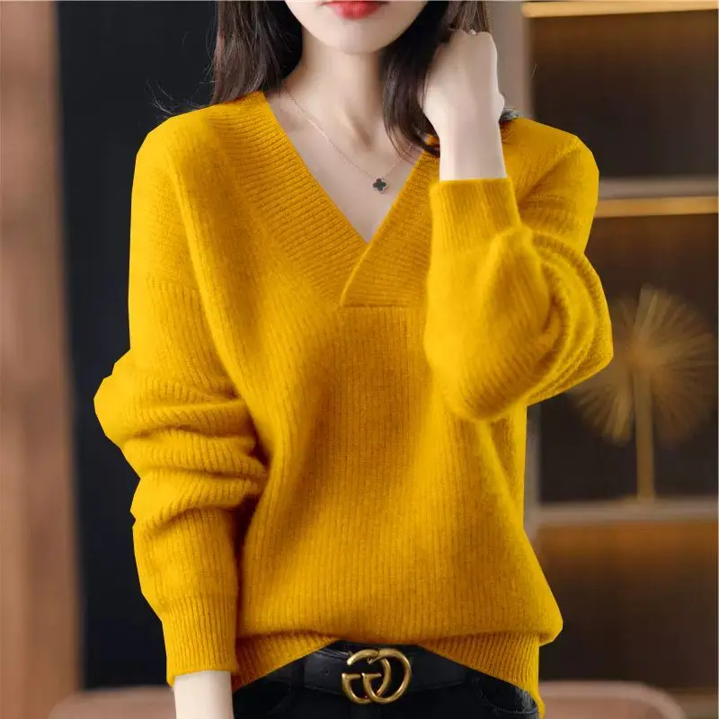 Women\'s Clothing Autumn Winter Korean Fashion Simple V Neck Knitted Sweater Solid Long Sleeve Loose Pullover Tops Casual Jumpers