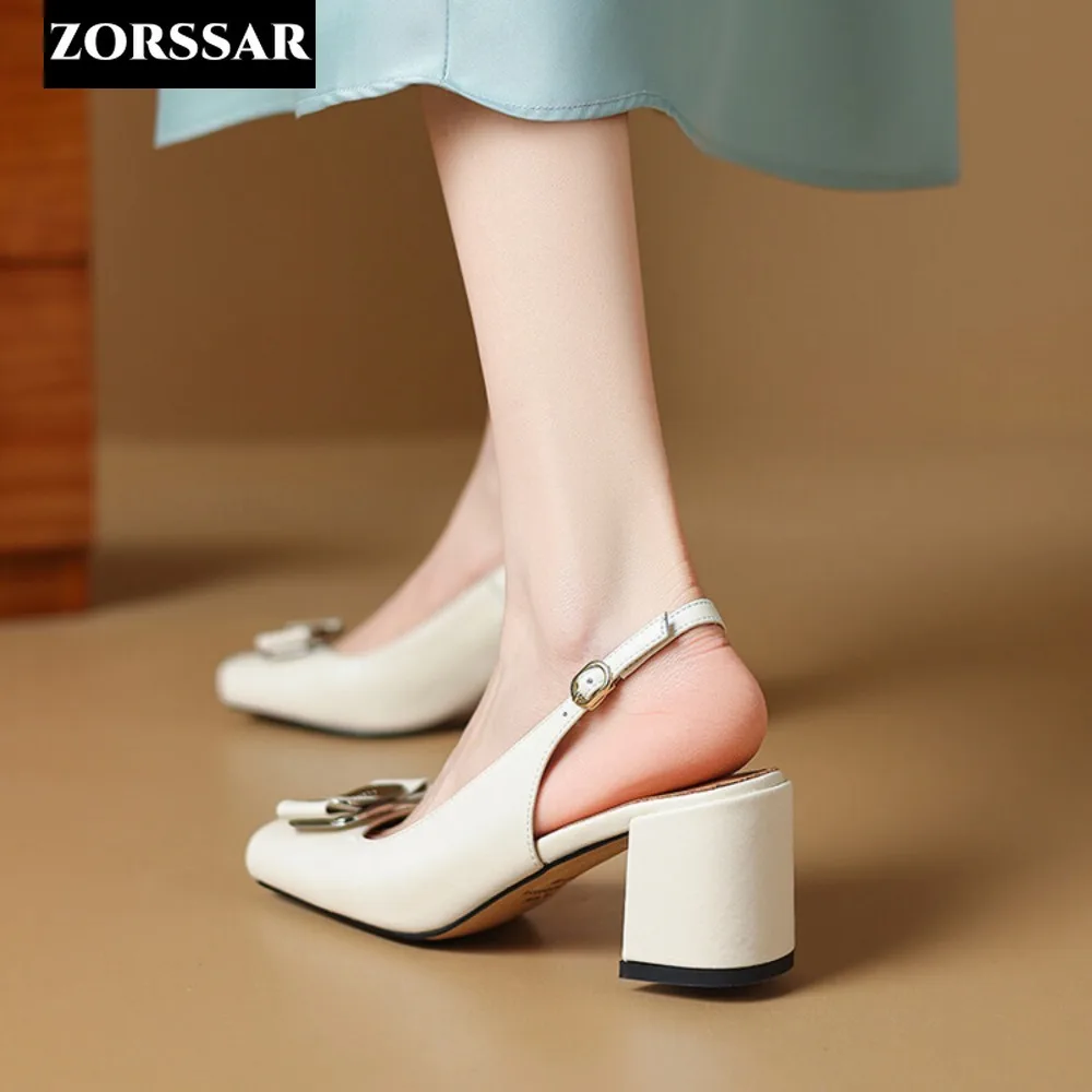 Women Summer Genuine Leather Slingback Pumps Office Lady Square Heels Sandals Elegant Square Toe Female Sexy High Heels