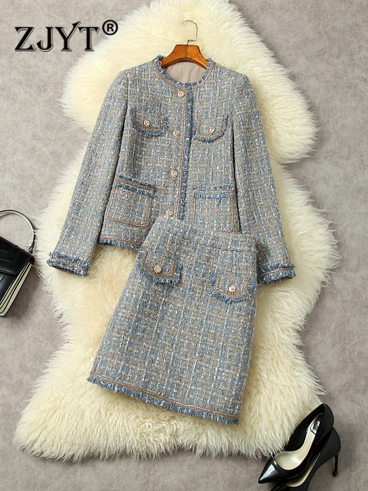 

ZJYT Runway Designer Winter Outfits 2 Piece Women Retro Tassel Tweed Woolen Jacket and Skirt Suit Elegant Party Dress Sets Work