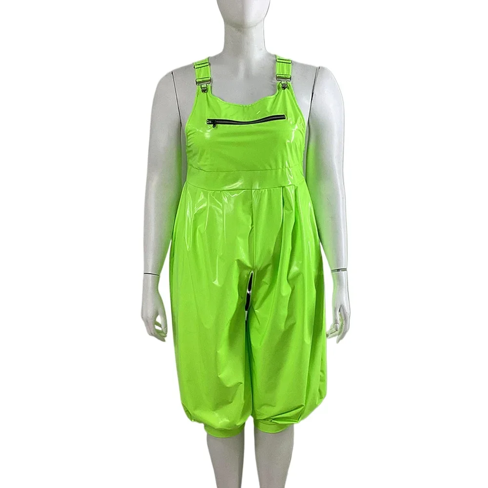 Plus Size Punk Zipper Rompers Sexy Adjustable Suspenders Bloomers Jumpsuit Wetlook PVC Leather Knee-length Bodysuit Clubwear 1