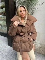 Solid Lapel Lace Up Cotton Coat Women Fashion Long Sleeve Warm Loose Pocket Short Coats Lady New Winter Commute Street Outwears 5