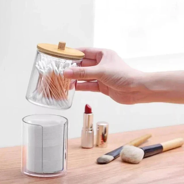 Boîte de rangement en acrylique, pot de salle de bain, organisateur de maquillage, support rond pour tampons en coton, boîte pour cotons-tiges, distributeur de support Qtip avec couvercle en bambou 3