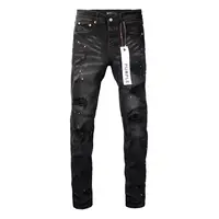 Purple New Men's Knee Ripped Straight Jeans American High Street Inkjet Black Stretch MEN JEANS 1