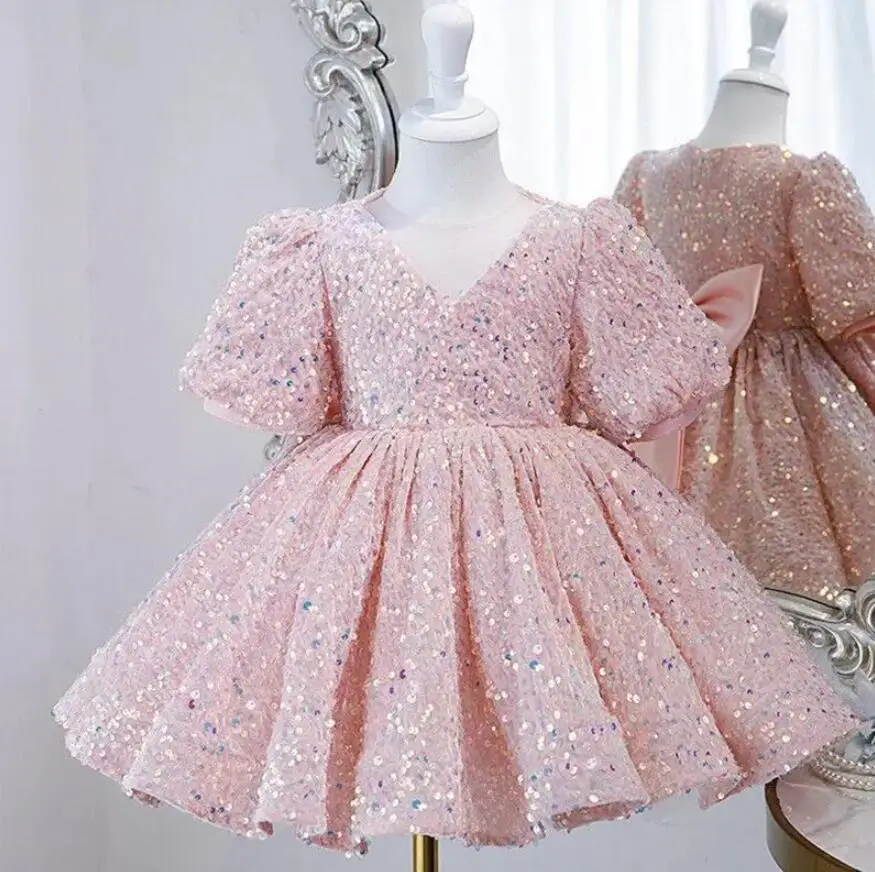 

Pink Baby Girl Dress Big Bow Puffy Dresses For Girls Communion Dress Tutu Knee Length Flower Girl Dresses Kids Party Gown