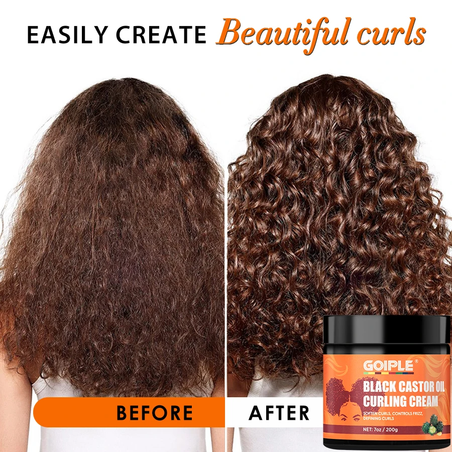 GOIPLE 200g Black Castor Oil Curling Cream Moisturizing Nourishing Cream Curl Soft Styling Product Curl Elastic Enhancer & Brush