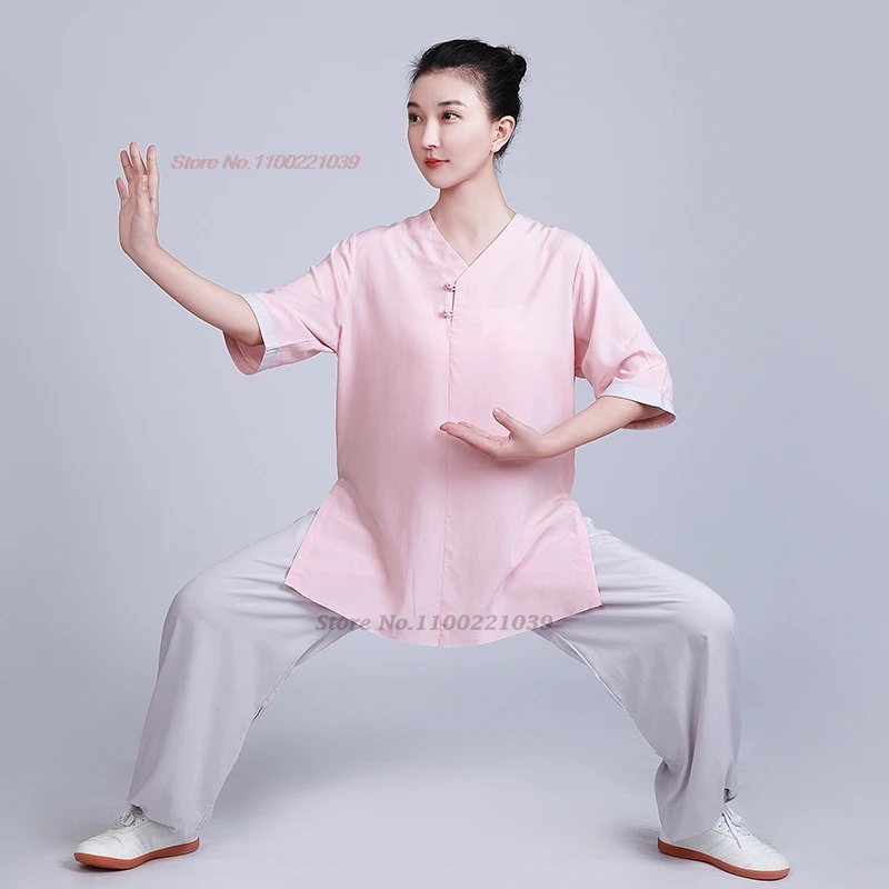 

2024 chinese tai chi martail arts uniform tops+pants set cotton linen kung fu wushu sports exercise morning outdoor walking suit