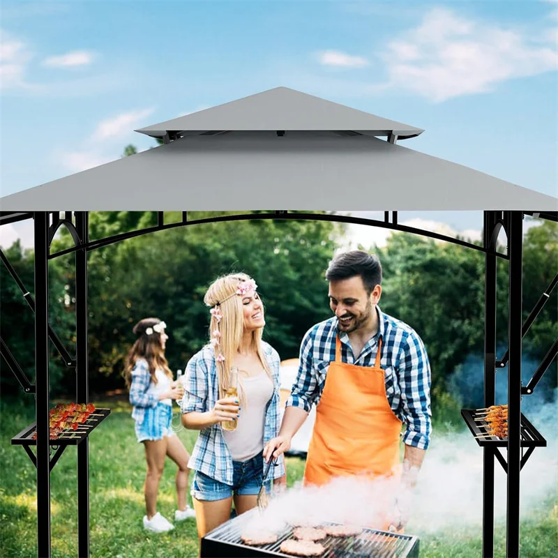 8'x 5' Double Tiered Grill Gazebo Canopy, Outdoor BBQ Gazebo Shelter with LED Light, Black Steel Frame Grill, Patio Canopy Tent