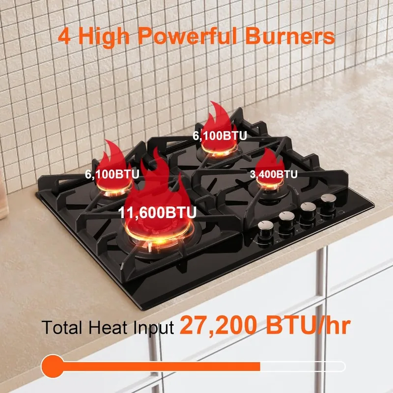 Gas Stove Top 24 inch Eascookchef,24 inch Gas Cooktop 4Burner,Gas Stove Top NG/LPG Convertible,Black Tempered Glass Dual Burners 2