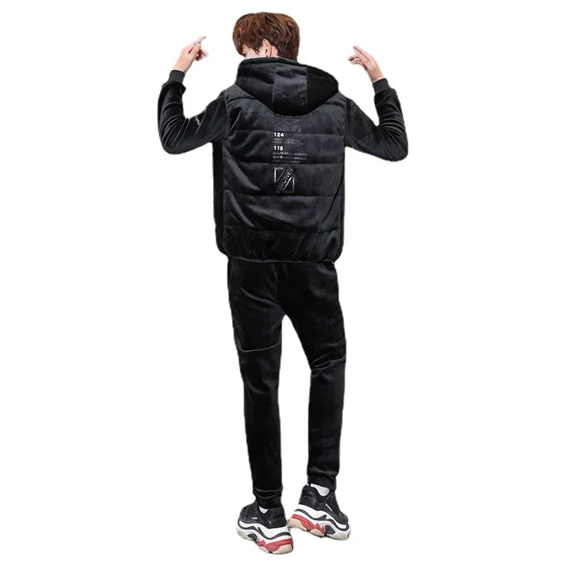 2023 Men's Golden Velvet Knit Men's Plus Thick Sports Suit Autumn and Winter Men's Suit Casual Knit Three-piece Set Hoodies