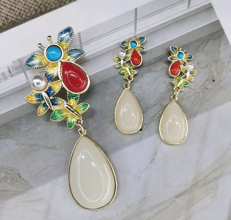 New Colorful Enamel Drop Glaze Brooch Earrings for Women Vintage Jewelry Set Imitation Jade Water Drop Pins Dangle Earrings