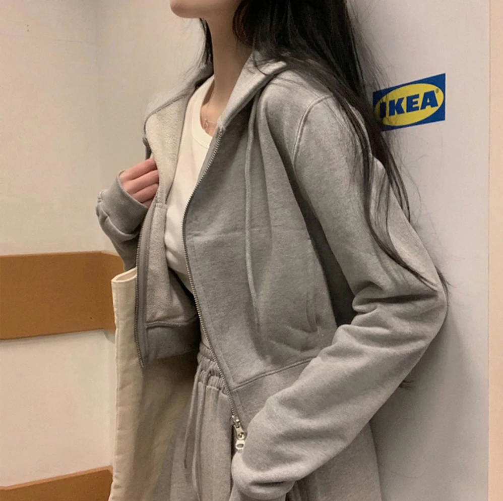 Korean Fashion Streetwear 2-piece Pants Set Women Tracksuit Autumn New Hooded Zip-up Crop Top Long Pants Casual Solid Outfits