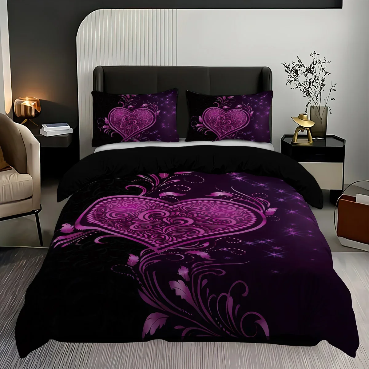 3pcs purple rose heart patterned duvet cover set, 1 duvet cover+2 pillowcases, coreless. Soft and comfortable bedding set