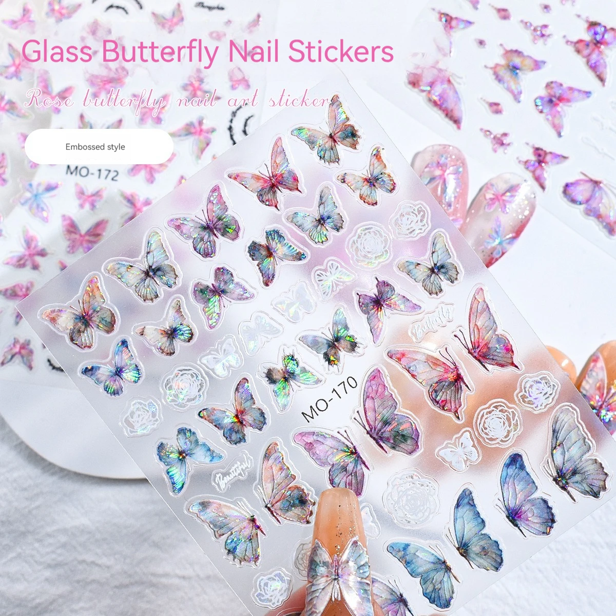 

Relief Ice Transparent Fantasy Pink Blue Butterfly Nail Art Sticker Self Adhesive Nail Luxury Decoration Slider Decals Accessory