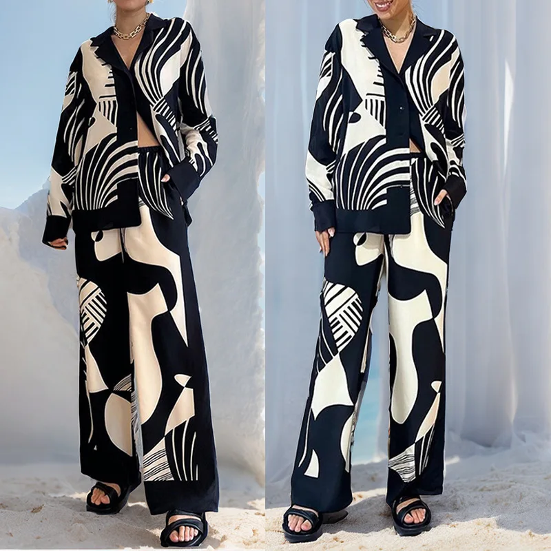 New Women Digital Print 2 Piece Set Chic Lapel Long Sleeved Blouse Top Loose Straight Leg Pants Suit Fashion Streetwear Outfits