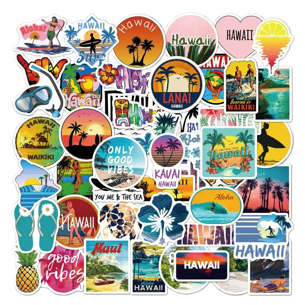 

50PCS Outdoor Holiday Hawaii Surfing Stickers Summer Tropical Beach Waterproof DIY Surfboard Car Skateboard Decal Sticker