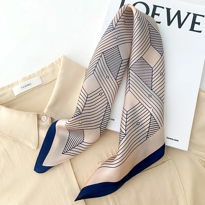 1pcs 70cm Striped Geometric Pattern Silk Scarf for Women Imitation Silk Fresh and Versatile Headwear Clothing Square Scarf 6