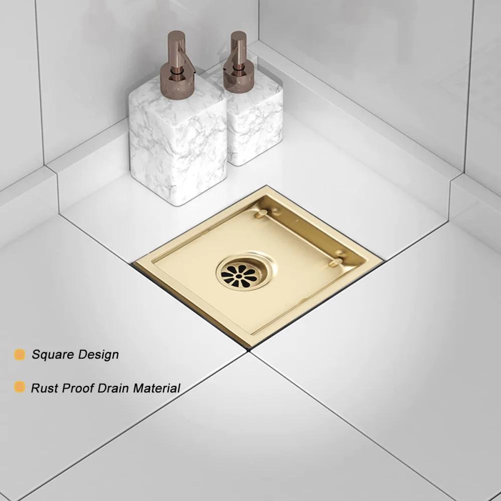 Square Shower Drain Tile Insert Anti Odor Stainless Steel Floor Drain Kit With Removable Grate Cover Hair Strainer Black Gold