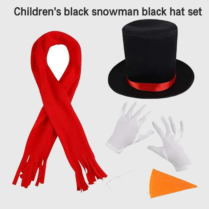 Snowmen Dress Up Costume Set Black Hat Scarf Gloves Kids Role Play Snowmen Costume Fedoras Hat Scarf Nose Headwear Photo Props