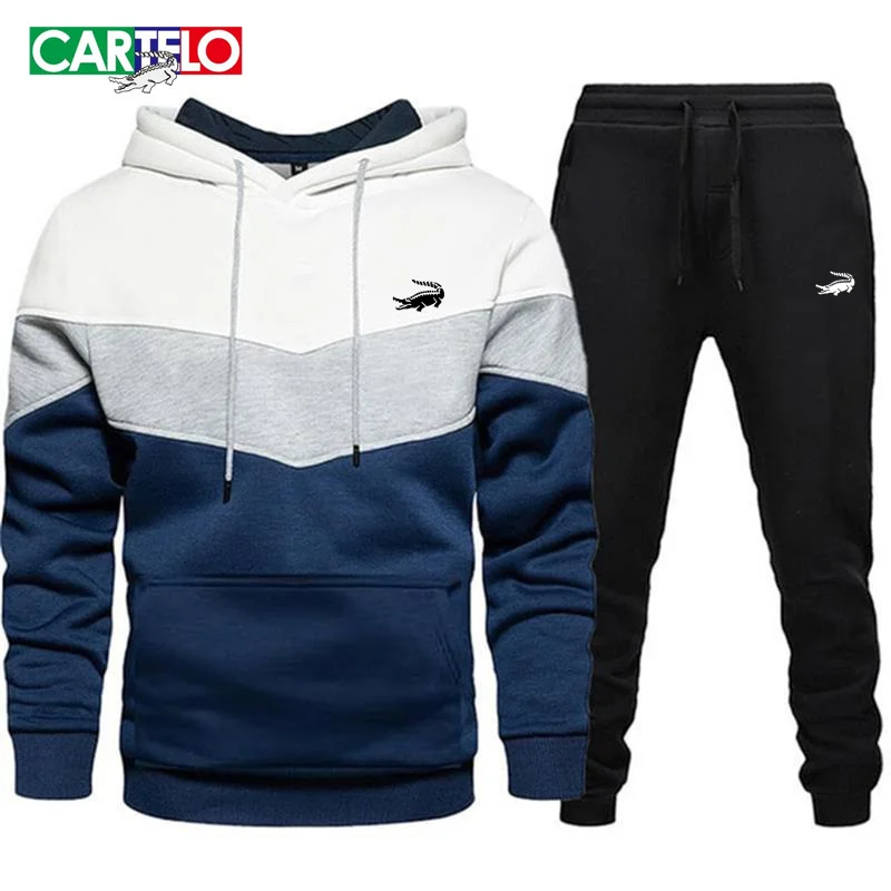 New Cartelo printed men's fleece hoodie sports casual long-sleeved warm autumn and winter hoodie+trousers set