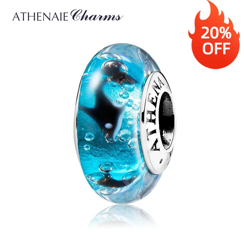 

ATHENAIE 925 Sterling Silver Murano Glass Beads Blue Ocean Playful Dolphin Charms Bead for European Bracelet NeckalceDIY Jewelry