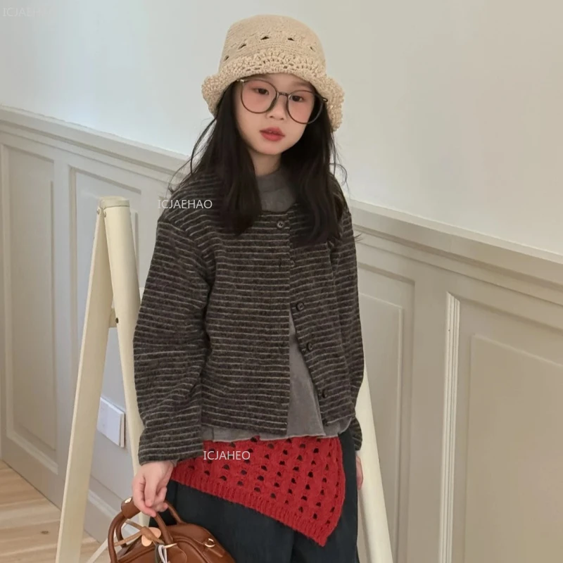 Girls Korean Style Toddler Soft Cotton Blend Casual Kids Outerwear Striped Cardigan Round Neck Open Front Coat Autumn Children - 4