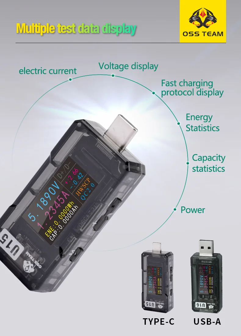 OSS U15/U16 High Accuracy Fast Charging Tester Type-C/USB-A PD2.0 QC3.0 Voltage