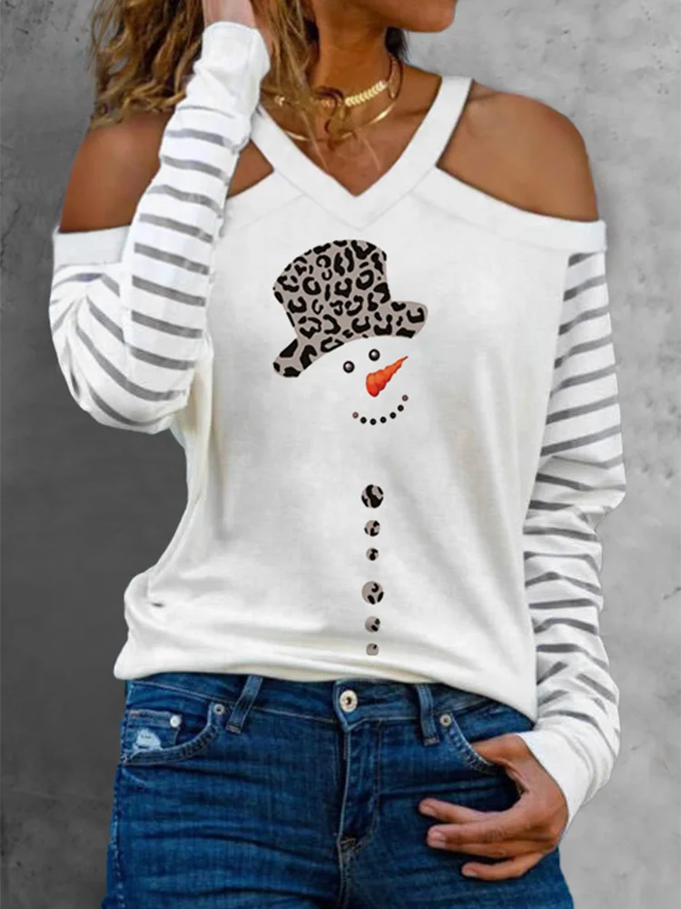 

Cold Shoulder Christmas T shirts Women Snowman Print Leopard Striped T-shirt New Long Sleeve Top Loose Blouse 2022 Novelty Tee