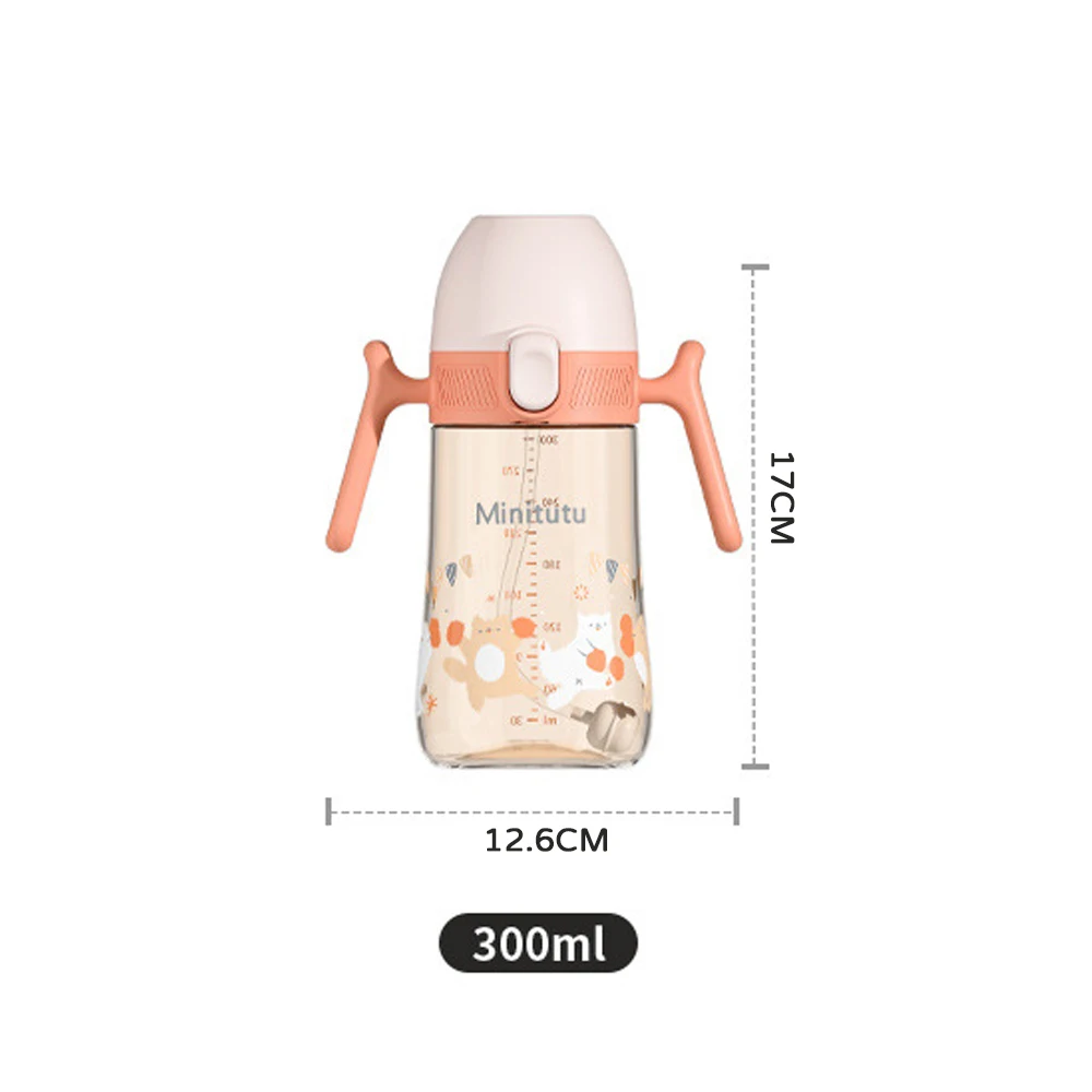 300ML large capacity PPSU baby bottle with gravity ball and handle, cute cartoon cat duckling bunny printed bottle